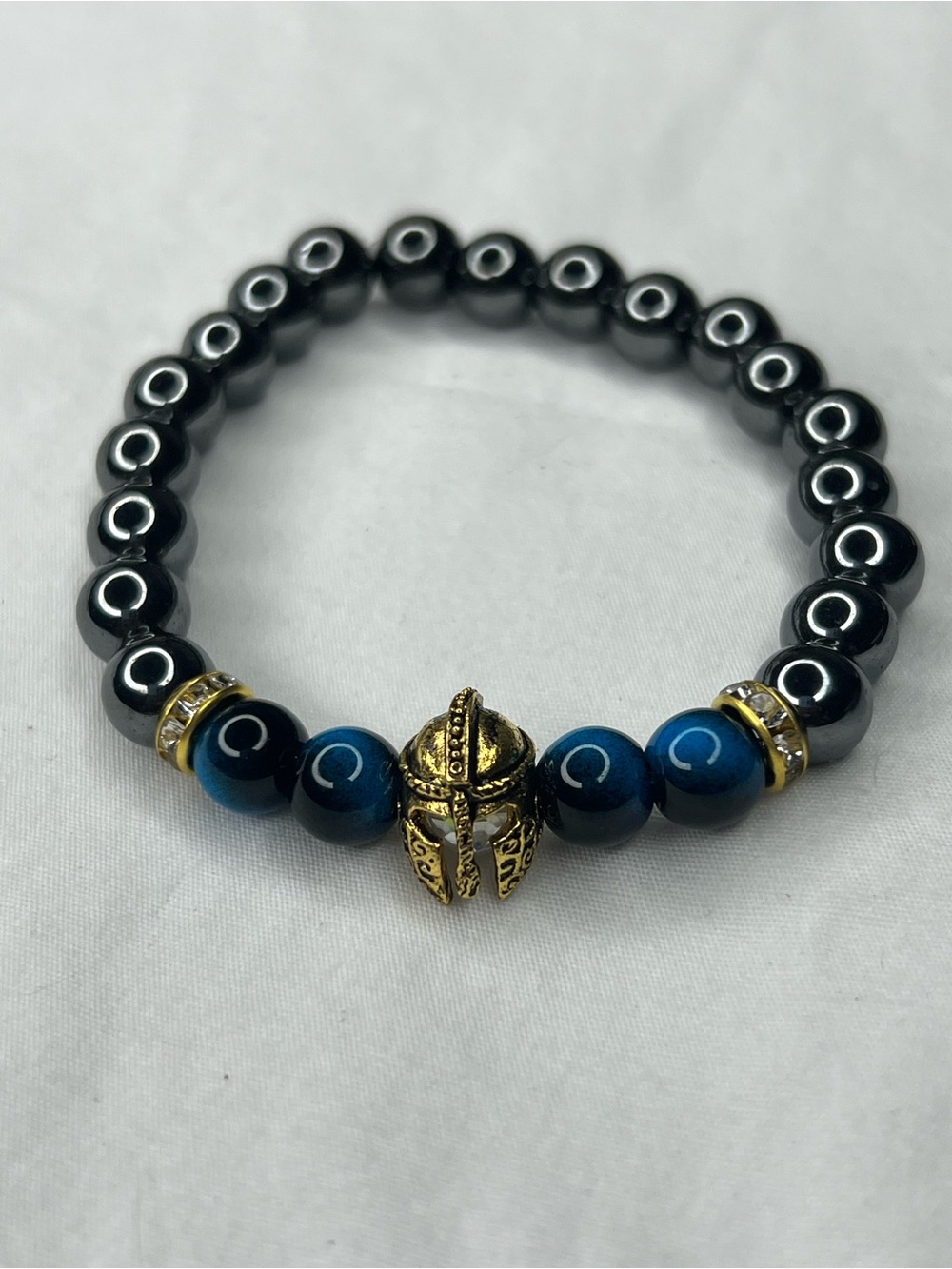 Gold Spartan Helmet Beaded Bracelet with Blue Tiger eyes and Hematite Beads